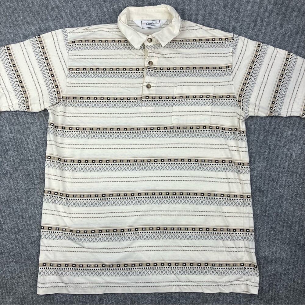 Palmland Classics Polo Men L Beige Wing Collar Button Stripe Knit Cotton Golf
